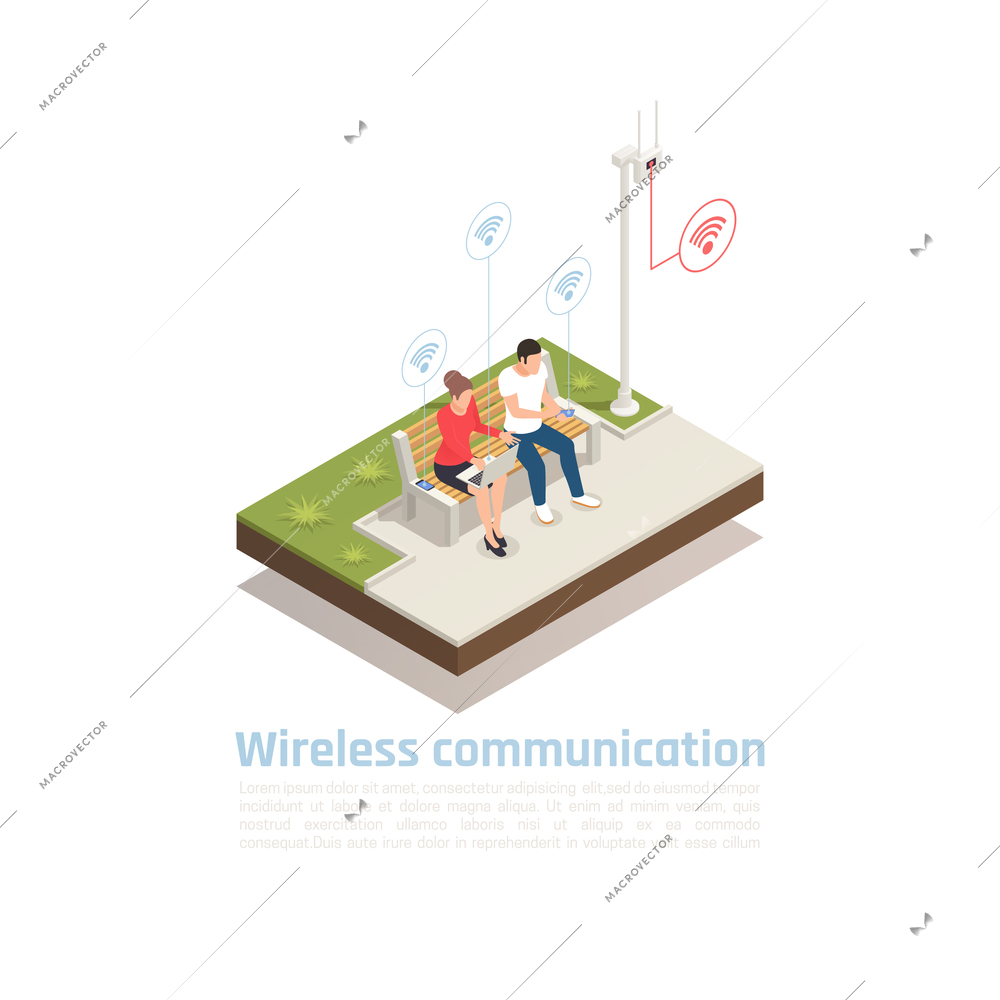 Wireless communication isometric poster with male and female characters sitting in city park cellular antenna and using wifi  signal vector illustration