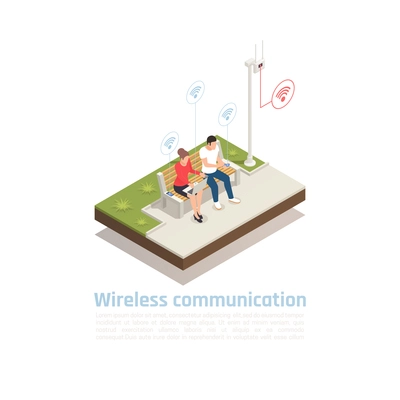 Wireless communication isometric poster with male and female characters sitting in city park cellular antenna and using wifi  signal vector illustration