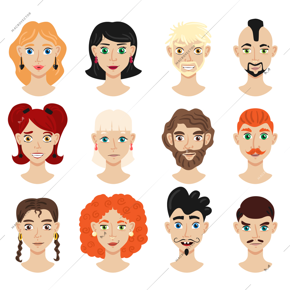 Portrait collection of male and female  characters with different hair color and hairstyle isolated cartoon vector illustration