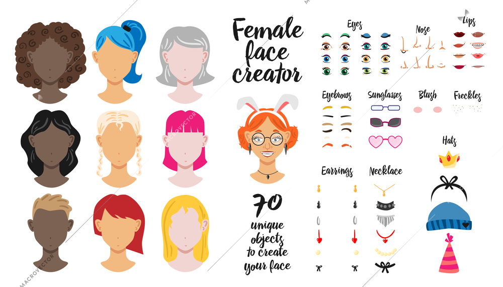 Female face creator set of seventy unique objects to create woman face flat vector illustration