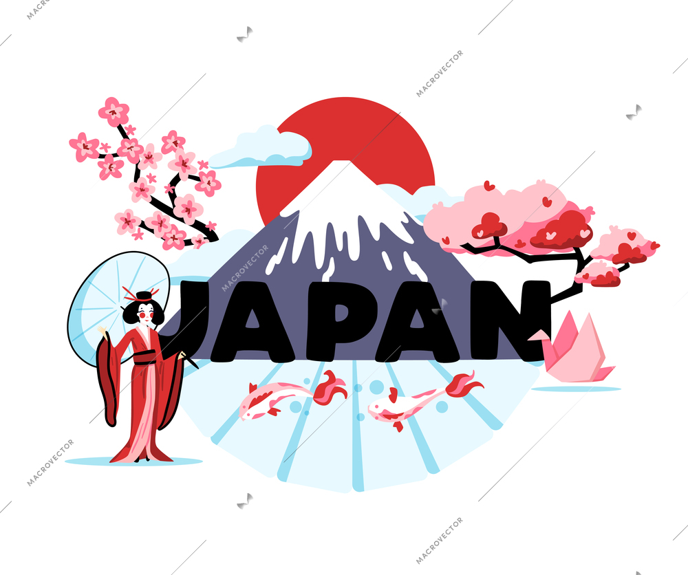 Japan cartoon composition representing national culture and traditions of rising sun country vector illustration