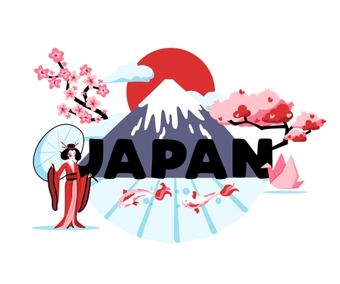 Japan cartoon composition representing national culture and traditions of rising sun country vector illustration