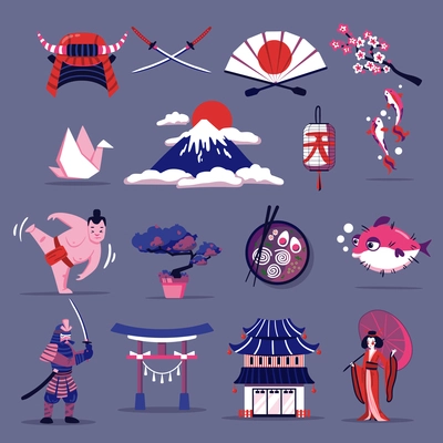 Japan travel cartoon set of elements of national cuisine culture tradition and landmarks  flat vector illustration