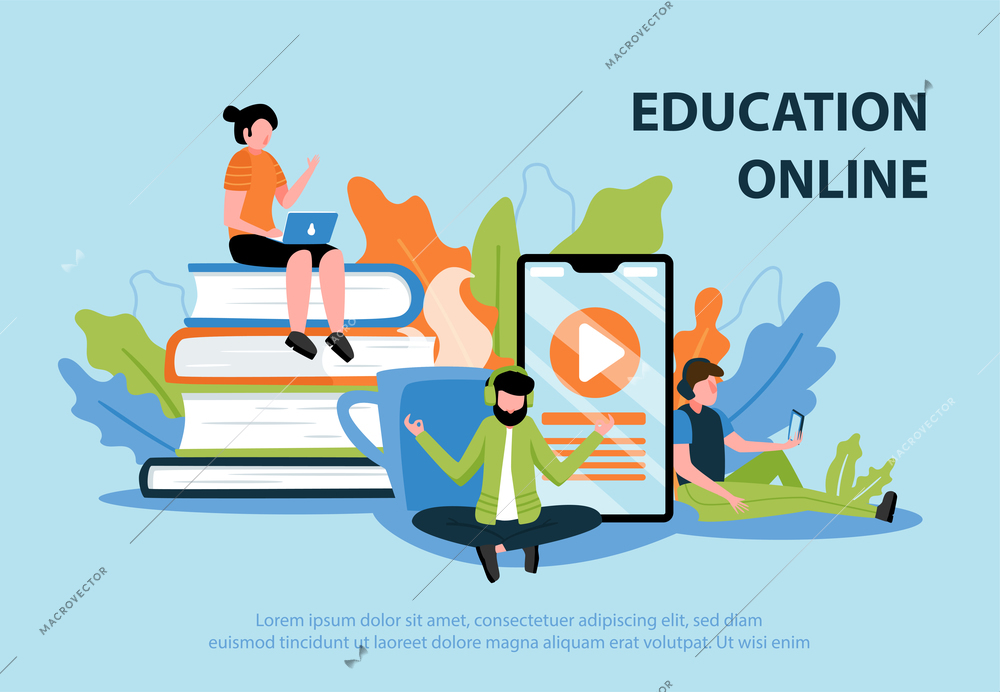 Online education flat poster with young people participating in web seminar and teacher giving lecture distantly vector illustration