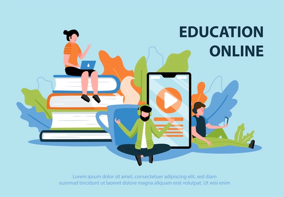 Online education flat poster with young people participating in web seminar and teacher giving lecture distantly vector illustration