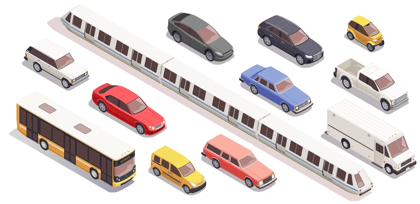 Transport isometric icons set with bus car train van isolated on white background 3d vector illustration