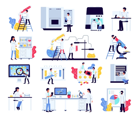 Pharmaceutic laboratory research chemistry scientists set with isolated compositions of human characters lab equipment and furniture vector illustration