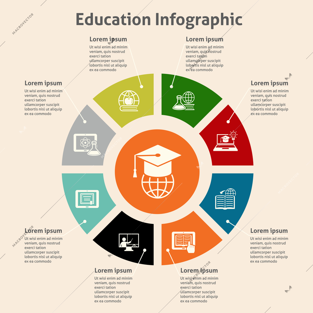 Online education global studying infographic with pie chart vector illustration