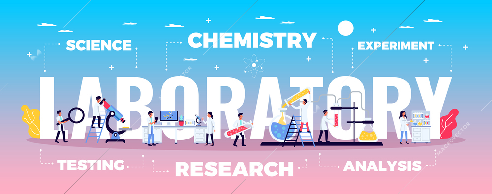 Laboratory composition with flat signs and symbols doodle style human characters of scientists and editable text vector illustration