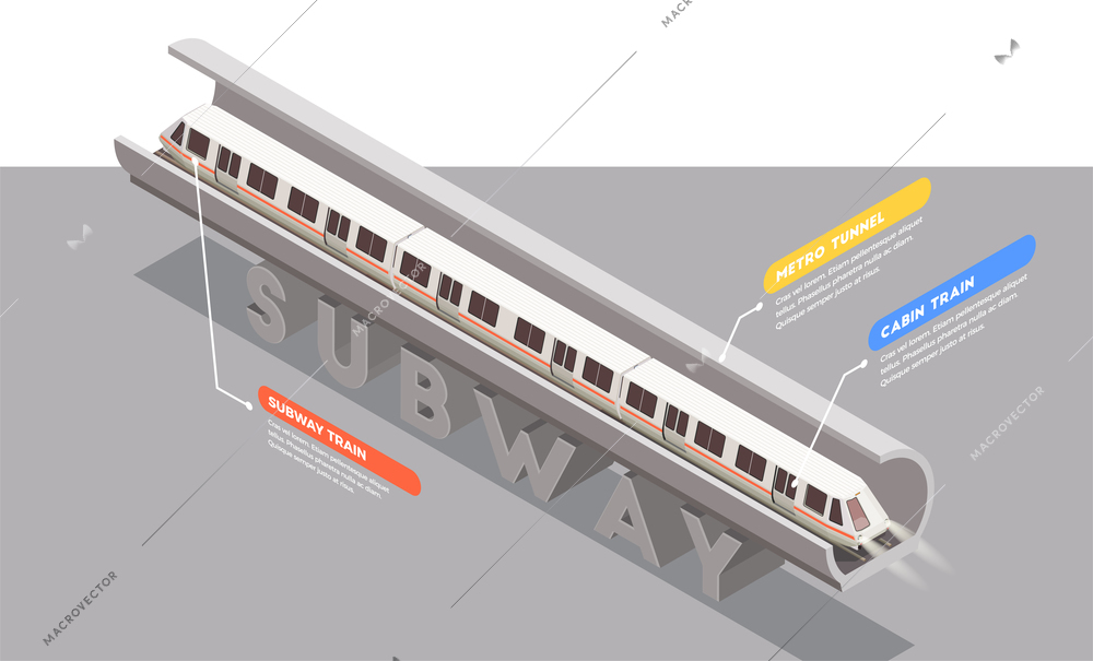 Transport isometric composition with subway train in tunnel 3d vector illustration