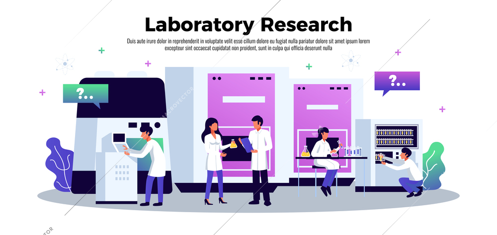 Laboratory horizontal banner with text and composition of conceptual images computer screens lab equipment and scientists vector illustration