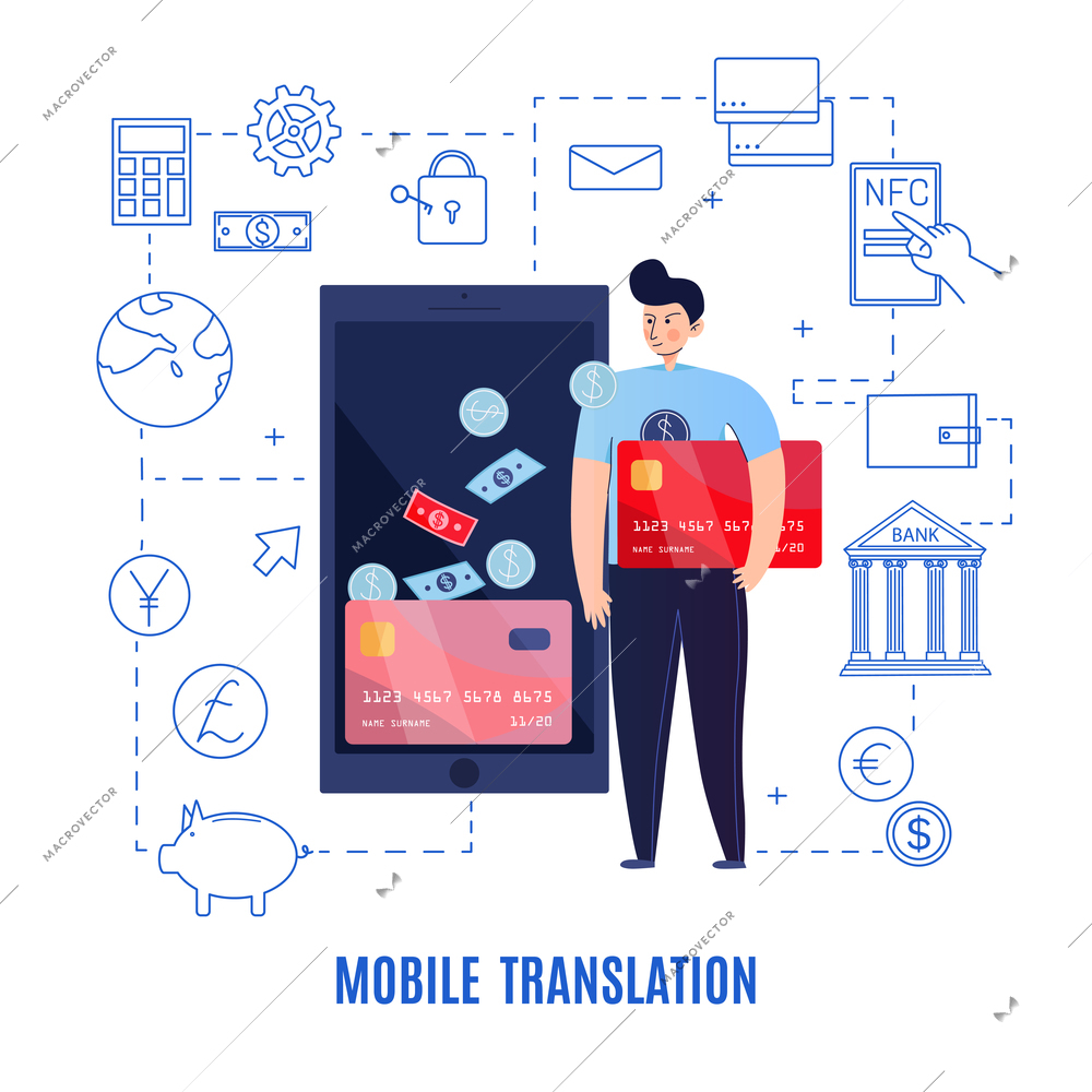 Mobile banking composition with text and financial pictograms connected with dashed lines with man and smartphone vector illustration