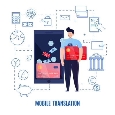 Mobile banking composition with text and financial pictograms connected with dashed lines with man and smartphone vector illustration
