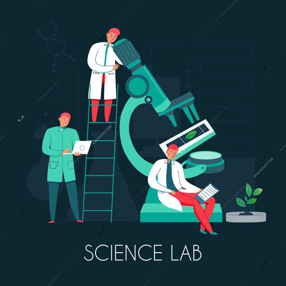 Science microscope composition with images of microscope step ladder and group of scientist characters with text vector illustration
