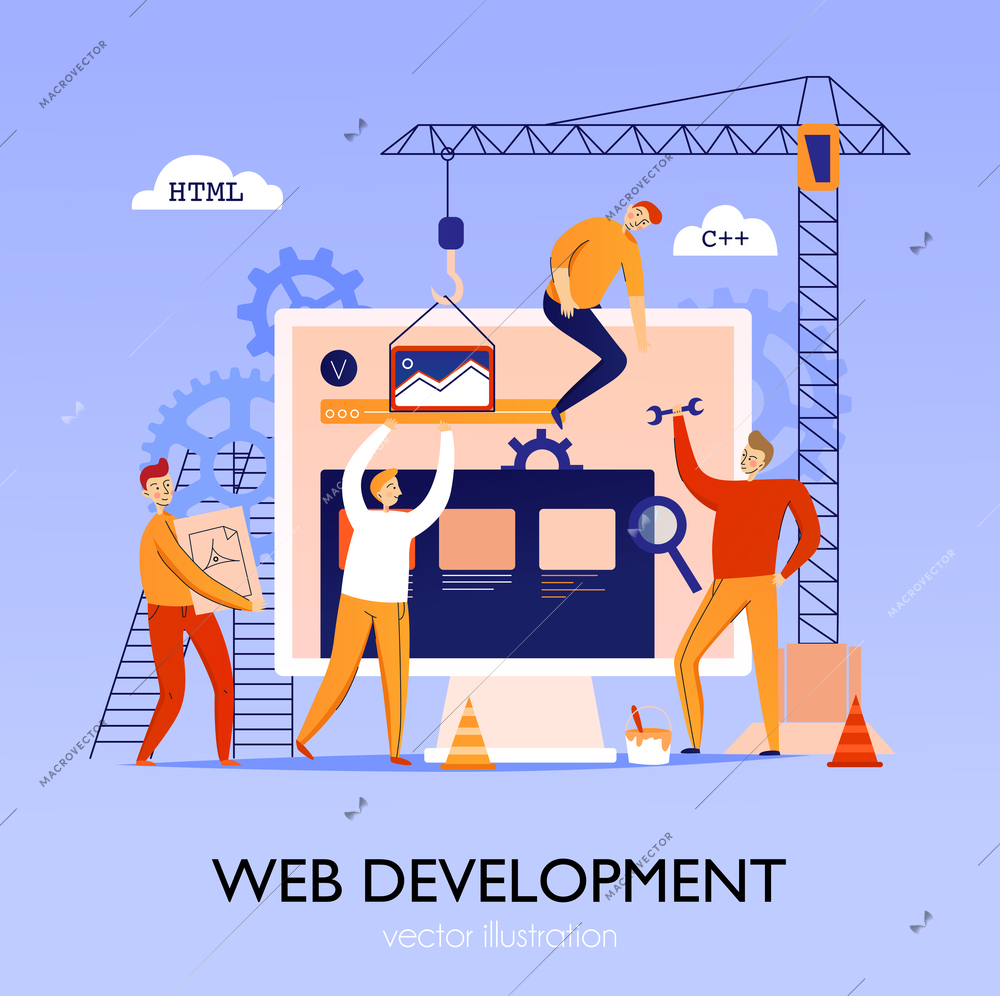 Programmer composition with editable text pictogram icons and conceptual images of people building website from elements vector illustration