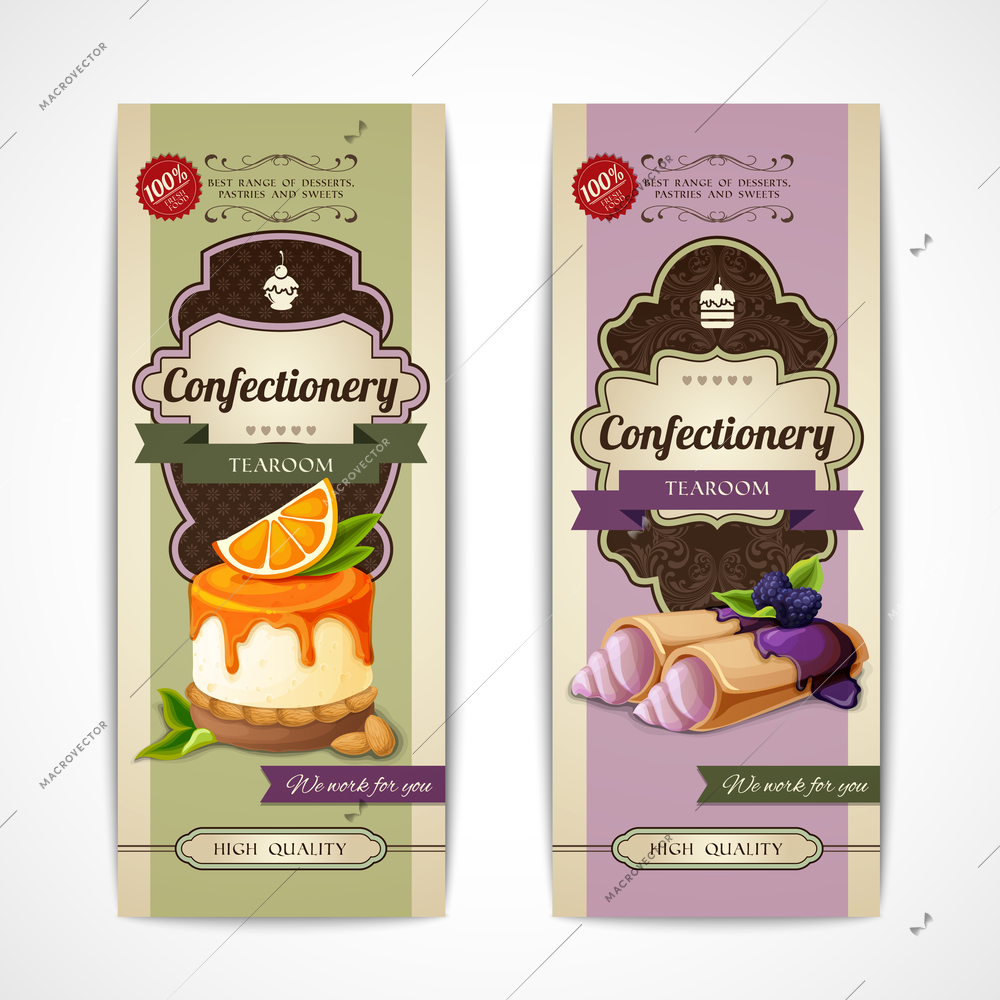 Decorative sweets vertical retro banners collection with crepes and orange mousse isolated vector illustration