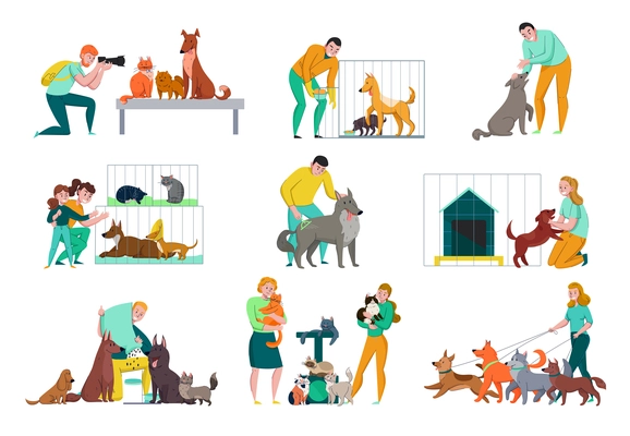 Animal shelter set of isolated compositions with human characters dogs and cats with cages and doghouse vector illustration