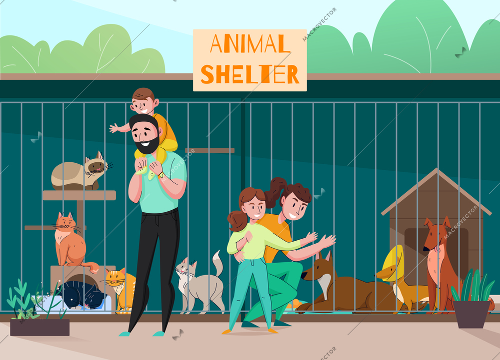 Animal shelter family composition with outdoor scenery characters of children and parents in front of cage vector illustration