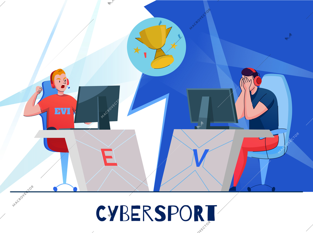 Cyber sport team competition with editable text and characters of online computer game players with cup vector illustration
