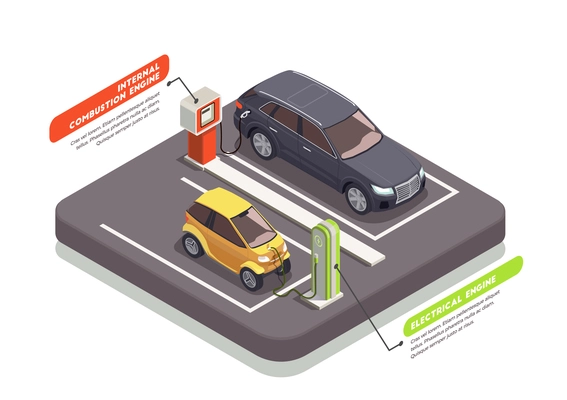 Transport isometric composition with two cars at charging and petrol stations 3d vector illustration