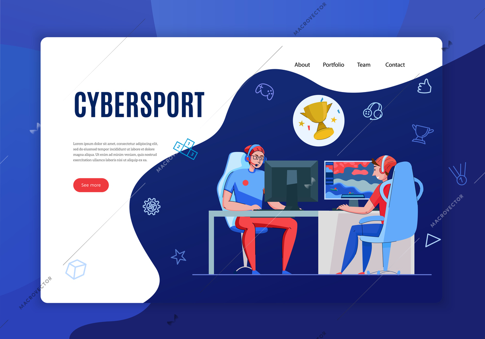 Cyber sport concept banner landing page for website with doodle images of players and clickable links vector illustration