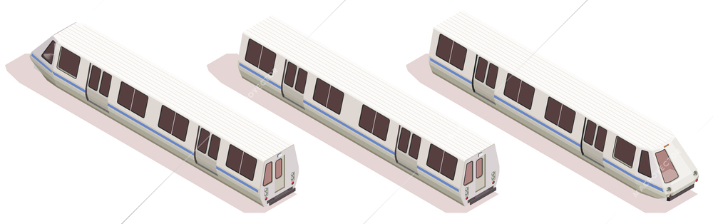 Transport isometric composition with three subway trains isolated on white background 3d vector illustration