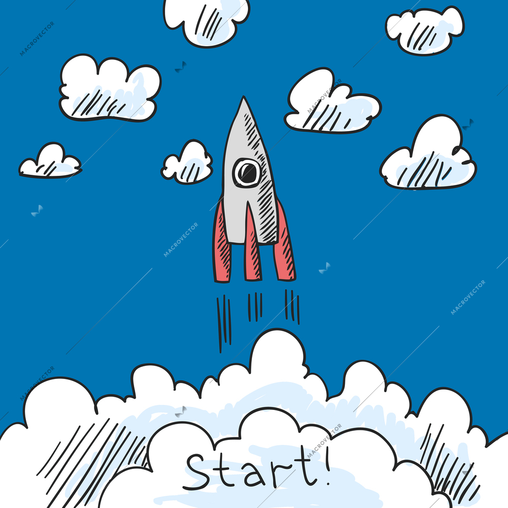 Sketch space rocket flying in space with clouds on background print vector illustration