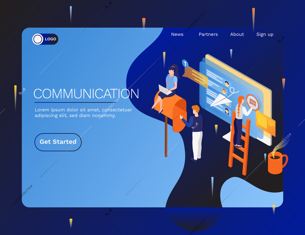 Data and information exchange electronic gadgets devices computers communication interface systems isometric web landing page vector illustration