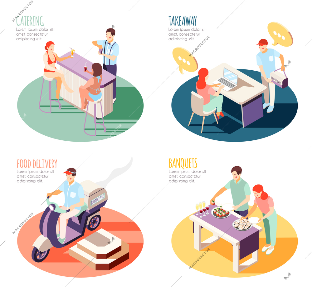 Isometric catering and food deliverty set vector illustration