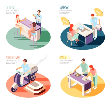 Isometric catering and food deliverty set vector illustration