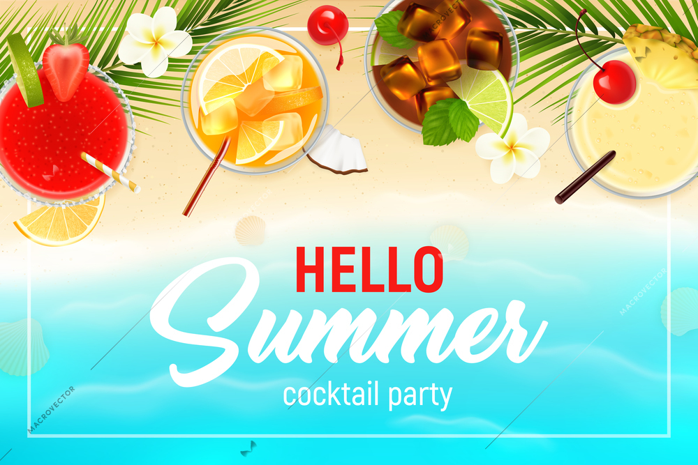 Cocktails top view realistic summer poster with fruit  vector illustration