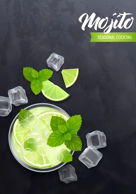 Mojito cocktail poster with mint lime and rum realistic vector illustration