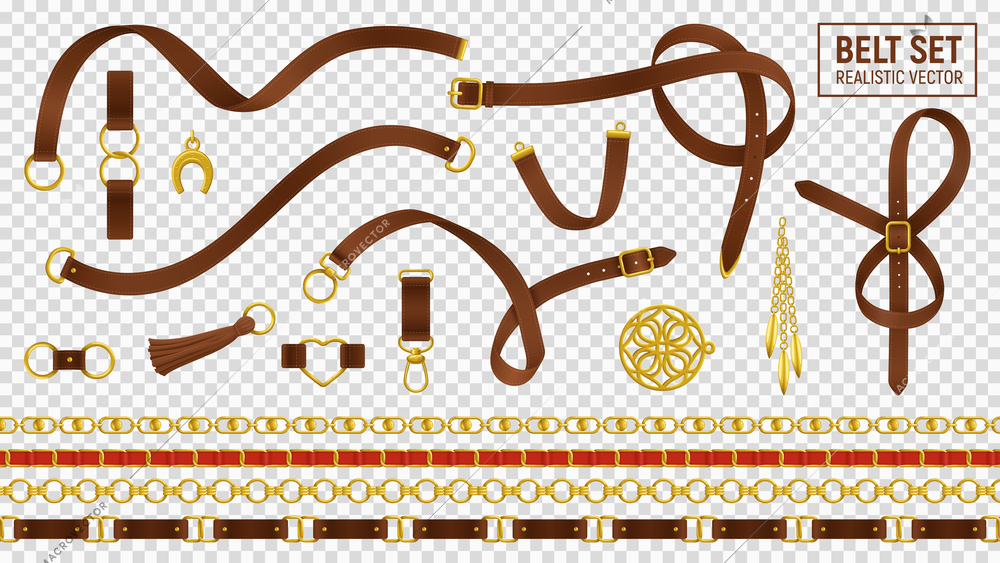 Belt realistic transparent set with buckle and chain isolated vector illustration