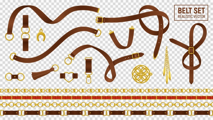 Belt realistic transparent set with buckle and chain isolated vector illustration