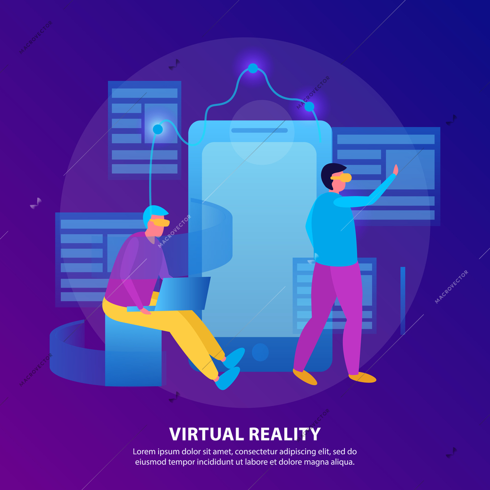 Virtual reality flat colored composition with two people work in vr glasses vector illustration