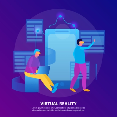 Virtual reality flat colored composition with two people work in vr glasses vector illustration