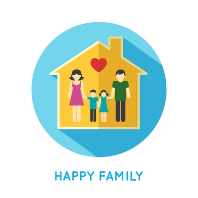 Happy family flat concept icon with parents and two children at home vector illustration