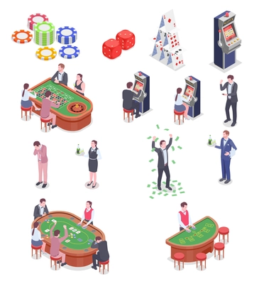 People in casino isometric icons set isolated on white background 3d vector illustration