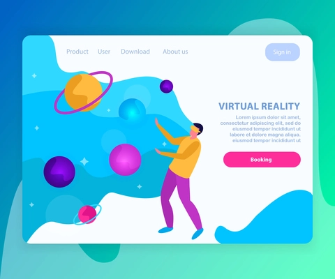 Virtual reality flat and colored landing page with booking page for internet site vector illustration