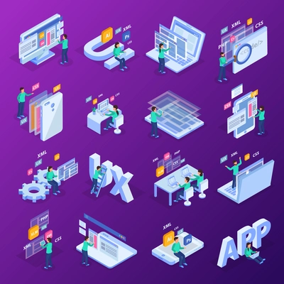 Web development isometric concept icon set with ui ux css xml php elements and developers vector illustration