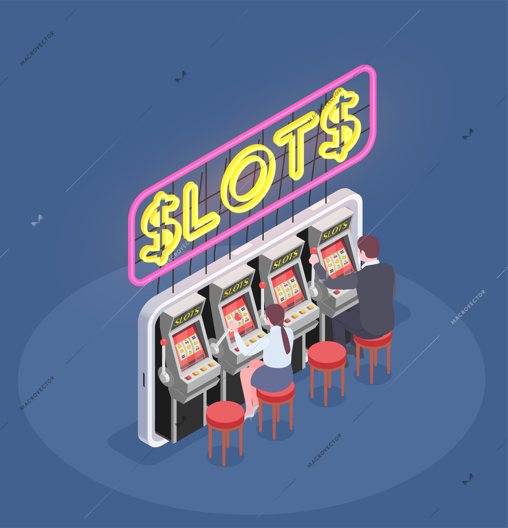 Isometric composition with people playing slot machines in casino 3d vector illustration