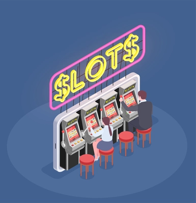 Isometric composition with people playing slot machines in casino 3d vector illustration