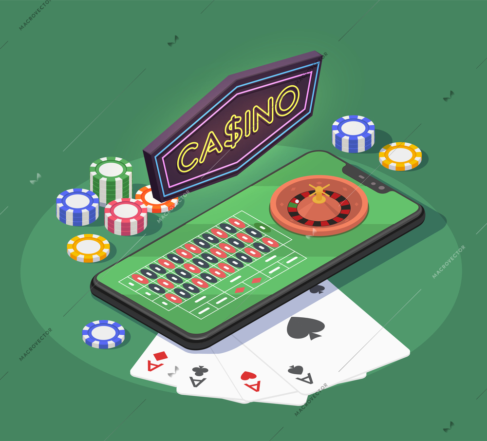 Online casino isometric composition with smartphone cards and chips for gambling games on green background 3d vector illustration