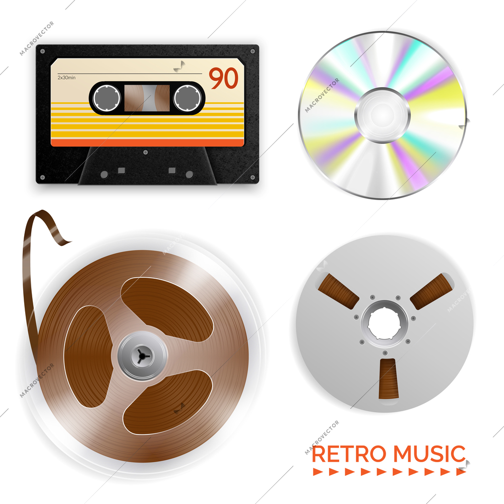 Realistic vintage music player set with isolated images of various recording mediums with text and shadows vector illustration