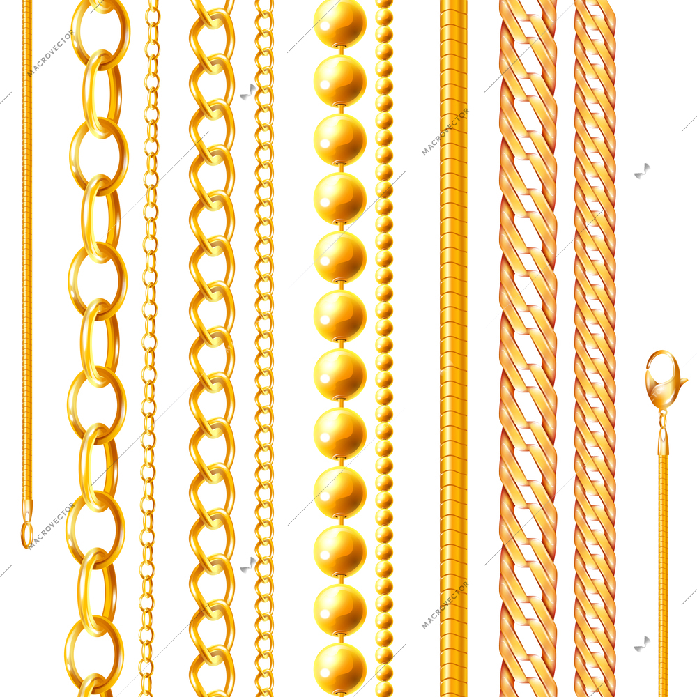 Realistic chain set of isolated golden jewelry chains of various shapes and shades on blank background vector illustration