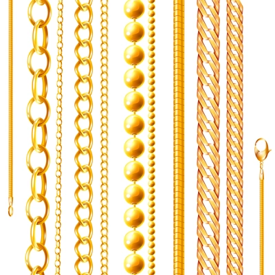 Realistic chain set of isolated golden jewelry chains of various shapes and shades on blank background vector illustration