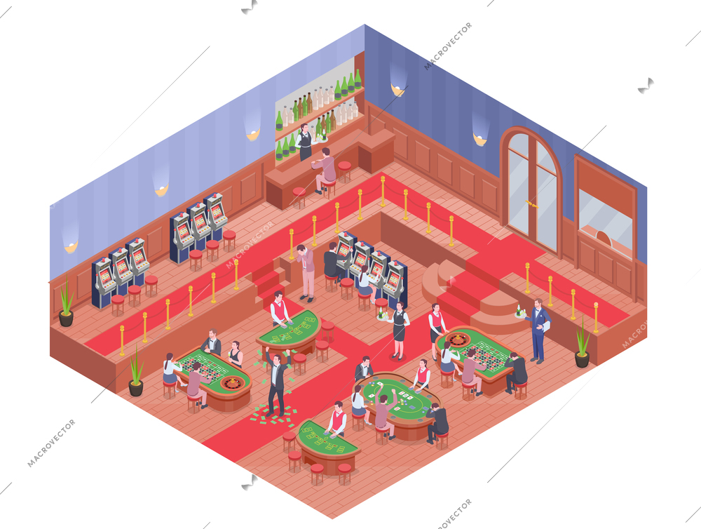 Casino hall with bar and people playing different gambling games isometric composition 3d vector illustration