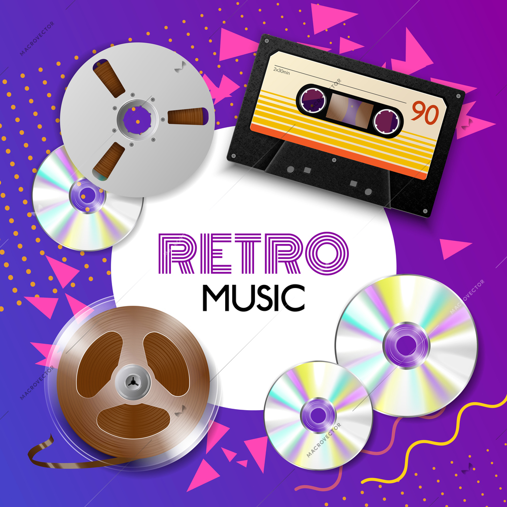 Realistic vintage music player frame composition with place for text and images of different music tapes vector illustration