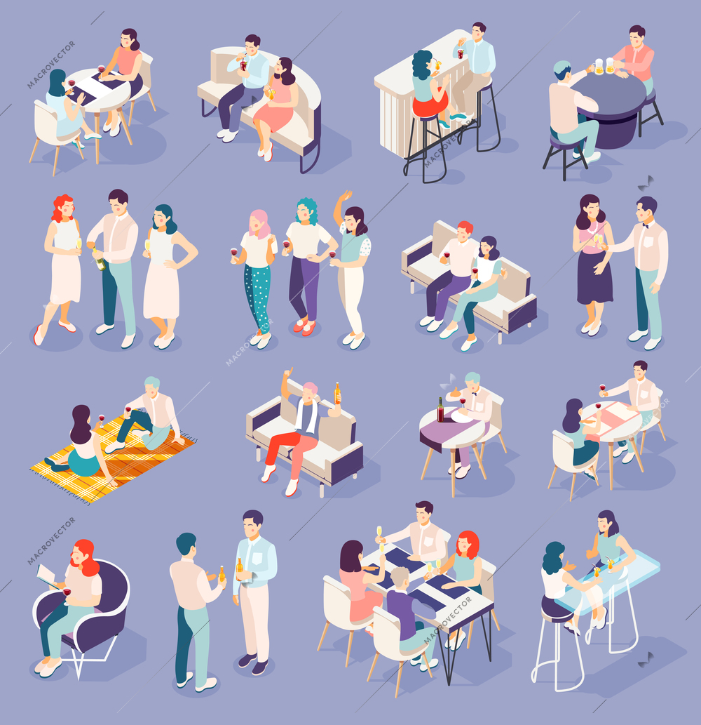 People relaxing and drinking beer wine champagne cocktails at restaurants and at home isometric icons set 3d vector illustration