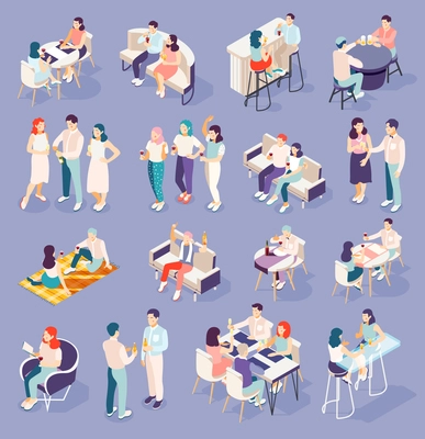 People relaxing and drinking beer wine champagne cocktails at restaurants and at home isometric icons set 3d vector illustration